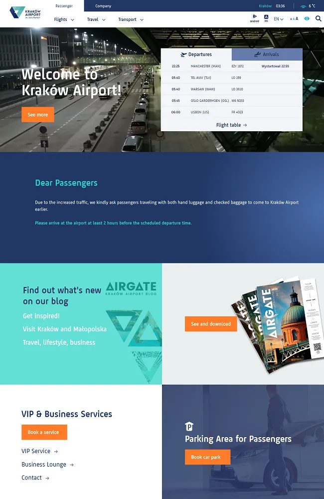 Screenshot of a website we've been involved in working with for Krakow Airport.